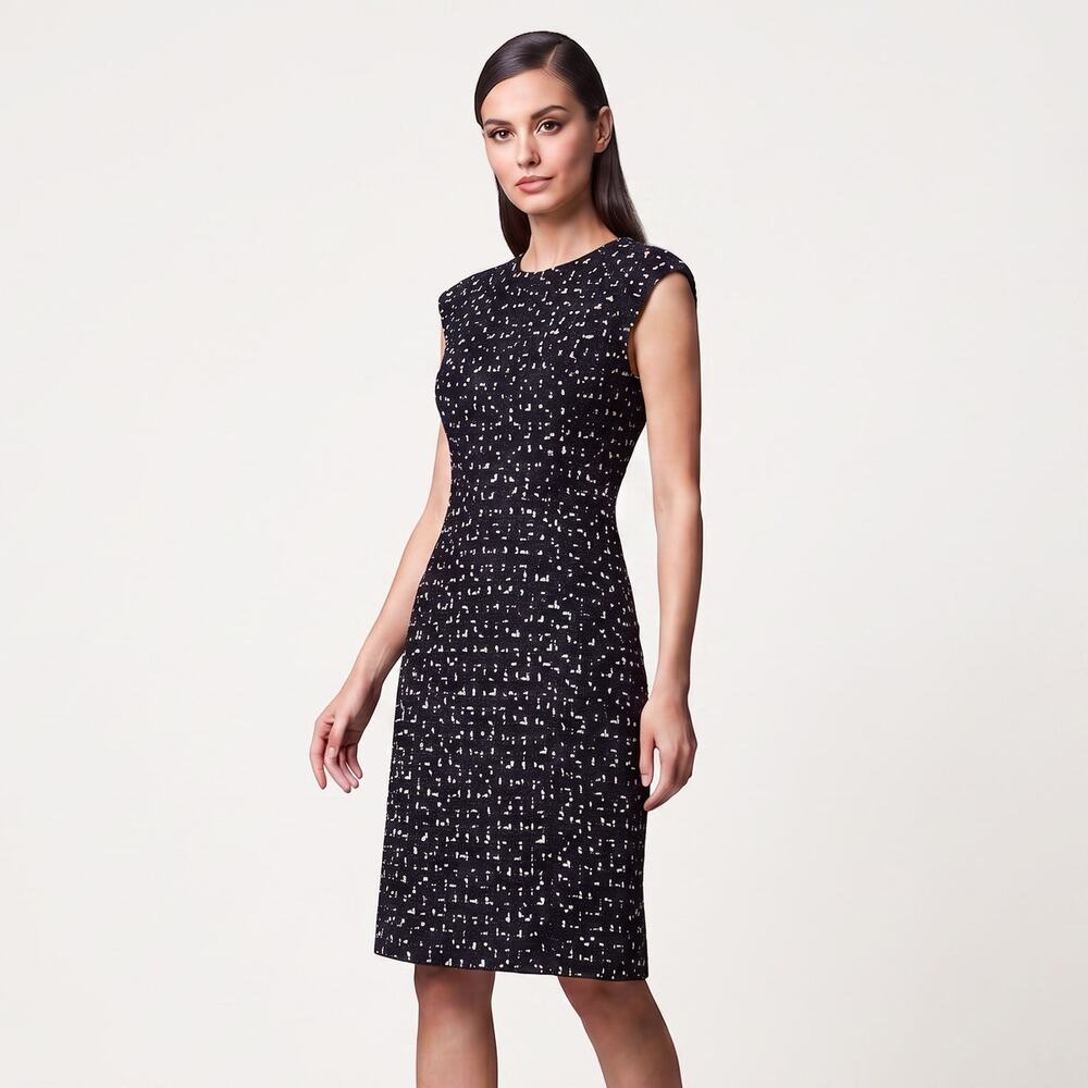 J.Crew Going Places Tweed Sheath Dress Navy Blue Ivory Dotted Cap Sleeve Size 0